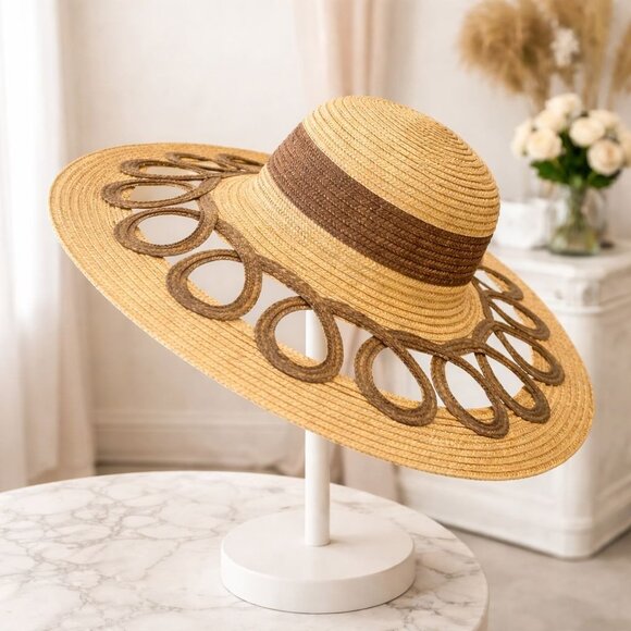 Wide Brim Straw Sun Hat Cutout Brim Resort Cruise Beach Coastal Baja Statement main image 9